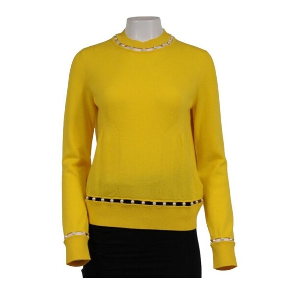 Givenchy Womens Pearl Embroidered Sweater Medium Yellow Wool Silk Pullover - Picture 1 of 13